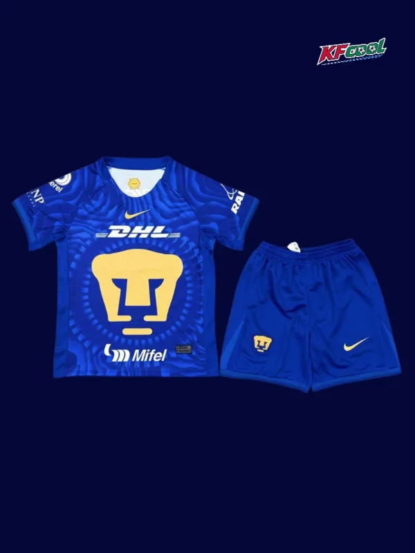 Pumas UNAM away blue kids kits 25/26 front blue white design