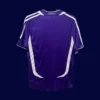 back view of purple away retro football jersey (06/07) showing reinforced number panel and simple seams.