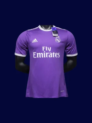 Real Madrid Away Purple Retro Jersey 1617 Player1 front view of purple away retro football jersey (16/17) with player cut and V-neck detail.