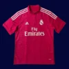 Real Madrid Away Red Retro Jersey 1415A - KFCool – Football Jerseys & Soccer Kits Store front view of red away retro football jersey (14/15) with classic trim and tailored fit.