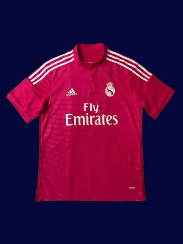 Real Madrid Away Red Retro Jersey 1415A - KFCool – Football Jerseys & Soccer Kits Store front view of red away retro football jersey (14/15) with classic trim and tailored fit.