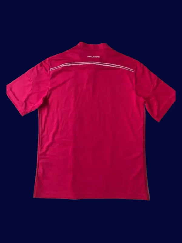 Real Madrid Away Red Retro Jersey 1415B - KFCool – Football Jerseys & Soccer Kits Store back view of red away retro football jersey (14/15) showing reinforced back panel and number area.