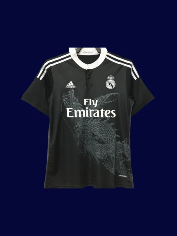 Real Madrid Black Dragon Retro Jersey 1415A - kfcool.com front view of black dragon themed retro football jersey (14/15) with embossed pattern.