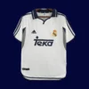 Real Madrid Home White Retro Jersey 0001A - kfcool.com front view of white retro football jersey (00/01) with classic collar and stitched crest area, lightweight fabric.