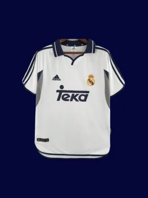 front view of white retro football jersey (00/01) with classic collar and stitched crest area, lightweight fabric.