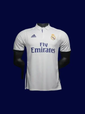 front view of white home player-fit retro jersey (16/17) with athletic mesh and tailored shoulders.