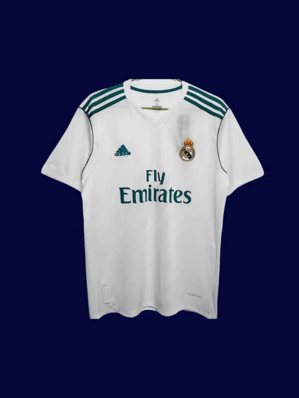 Real Madrid Home White Retro Jersey 1718A - kfcool.com front view of white home retro football jersey (17/18) with classic crew neck and stitched trims.