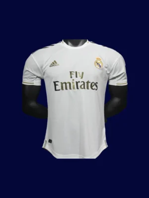 front view of white home player-fit retro jersey (19/20) with athletic cut and fine mesh panels.