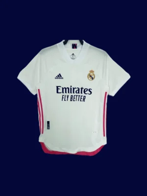 front view of white home player-fit retro jersey (20/21) with performance mesh and tapered fit.