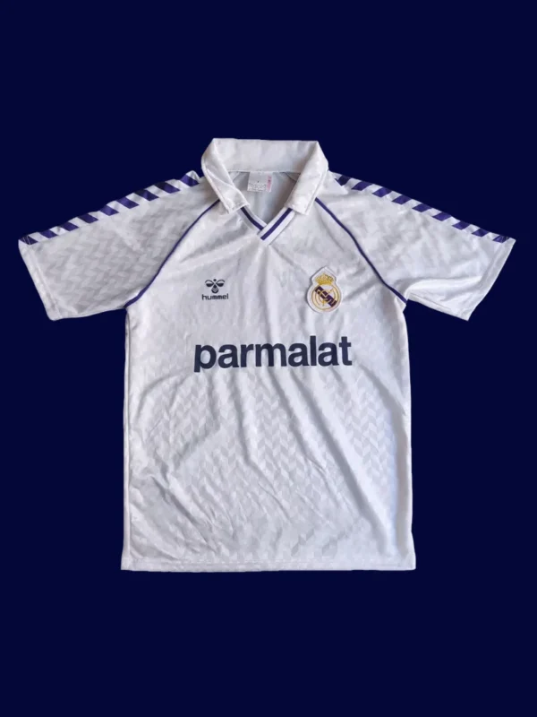 Real Madrid Home White Retro Jersey 8789A - KFCool – Football Jerseys & Soccer Kits Store front view of white retro football jersey (87/89) with retro piping and classic stripes.