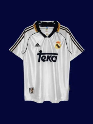 front view of white home retro football jersey (99/00) with classic piping and crew neck.