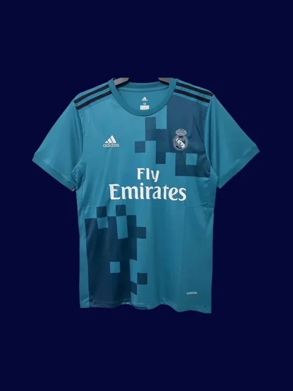 Real Madrid Third Green Retro Jersey 1718A - kfcool.com front view of green third retro football jersey (17/18) with unique colorway and classic cut.