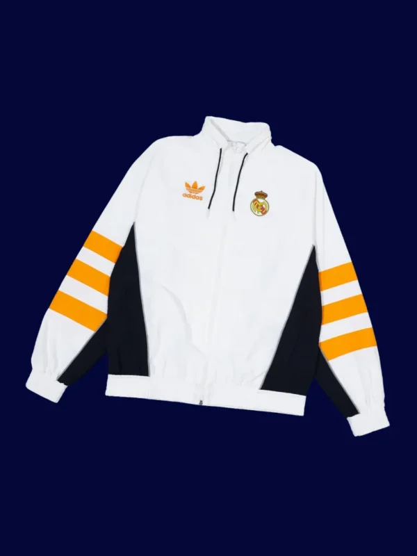 front view of white windbreaker kit with minimal branding and full zip (24/25).