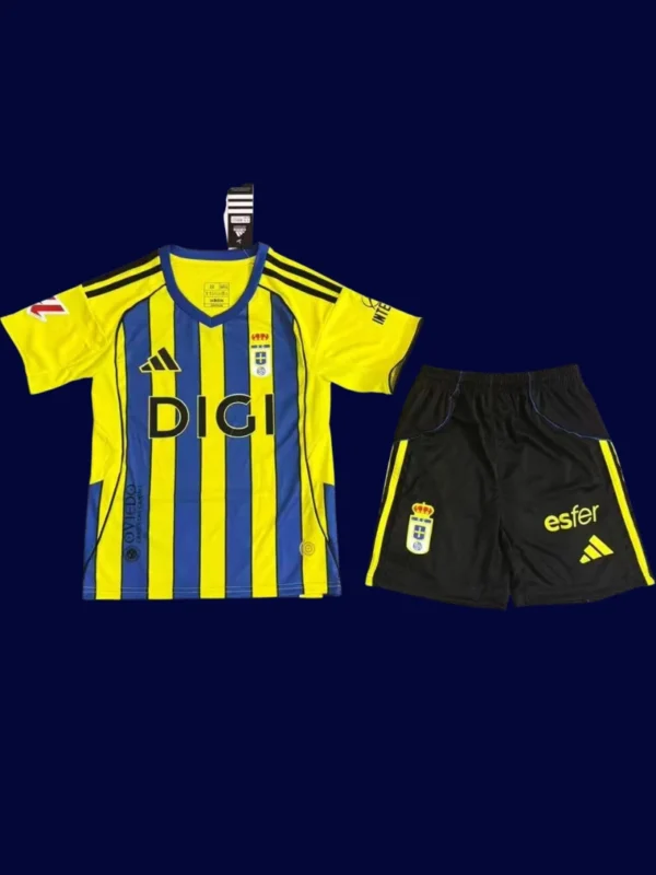 Real Oviedo Away Kids Kits 25/26 front with away colors and small crest.