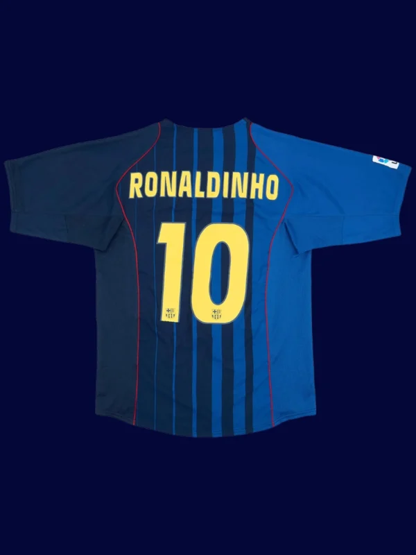 Ronaldinho Barcelona away blue retro jersey back 04/05 with #10, high-quality breathable design.
