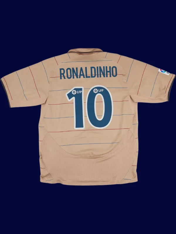 Ronaldinho Barcelona away white retro jersey back 03/05 with #10, high-quality breathable design.