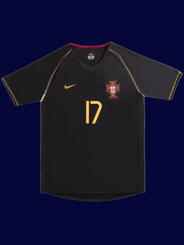 Ronaldo retro black away jersey front, collectible high‑quality fans classic.