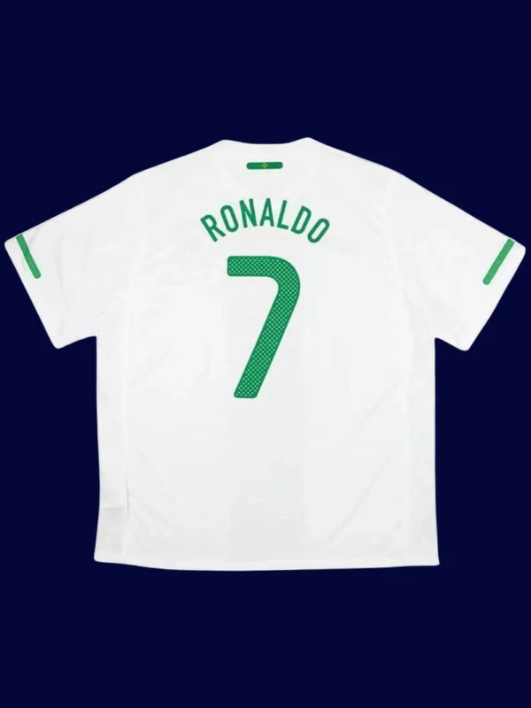 Portugal away white retro jersey back with #7, Ronaldo legend style, lightweight breathable design.
