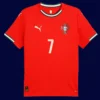 Ronaldo red home jersey front, breathable high‑quality football gear.