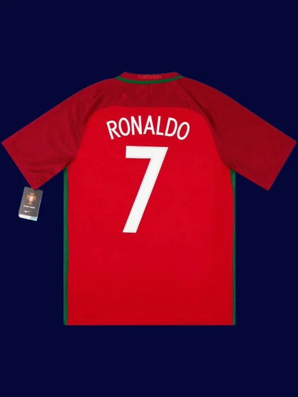 Portugal home red retro jersey back with #7, Ronaldo historic design, lightweight breathable.