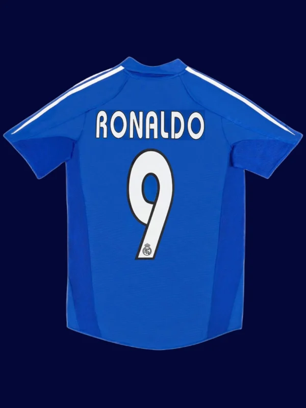 Ronaldo 9 Real Madrid Third Blue Retro Jersey 0405B - KFCool – Football Jerseys & Soccer Kits Store Ronaldo Real Madrid third blue retro jersey back 04/05 with #9, high-quality breathable design.