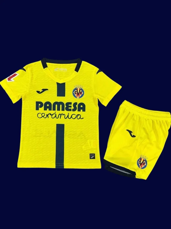Villarreal Home Kids Kits 25/26 front with mini crest and child fit.