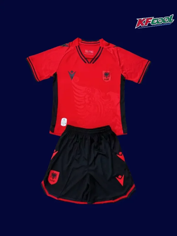 Albania kids 25/26 home red jersey front designed for young fans