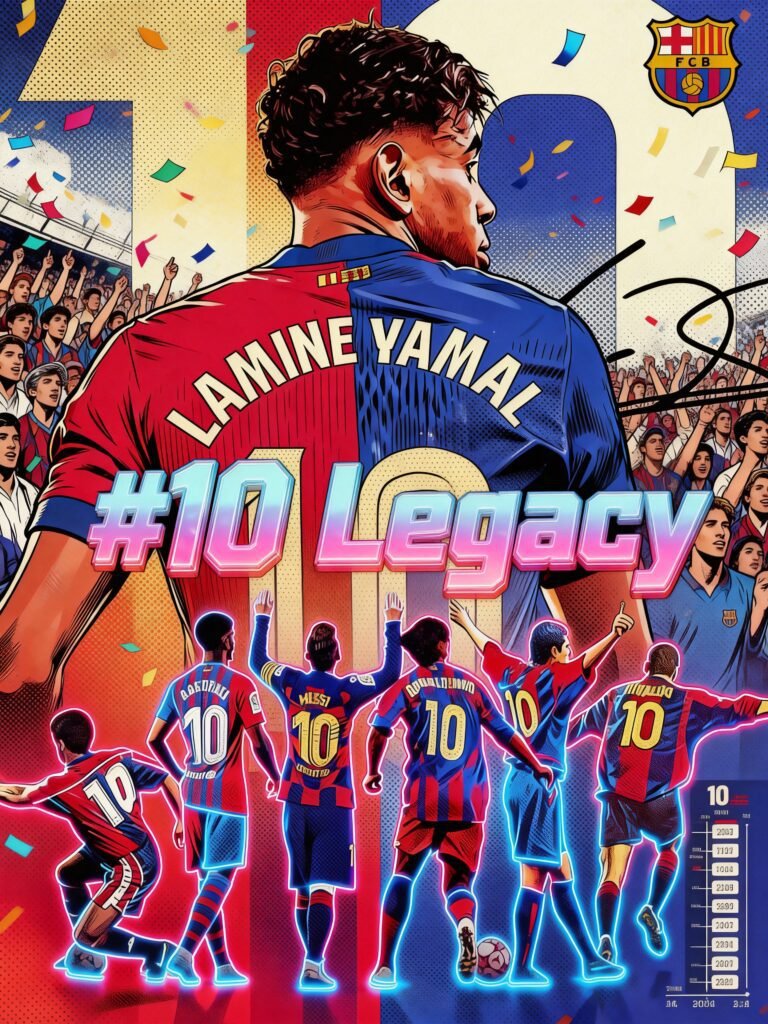 Lamine Yamal wearing Barcelona #10 home jersey 25/26, next generation star