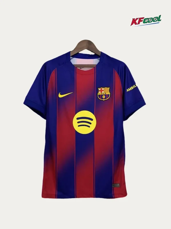 Barcelona football jersey with blue and red vertical stripes on a hanger, featuring Nike swoosh, Spotify sponsor logo, and FC Barcelona crest.