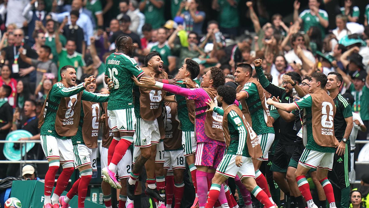 Mexico players celebrate Julian Quinones opening goal against South Africa at the 2026 World Cup
