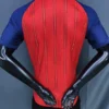 Back view of a red athletic jersey with blue sleeves on a mannequin, featuring vertical gold pinstripes.