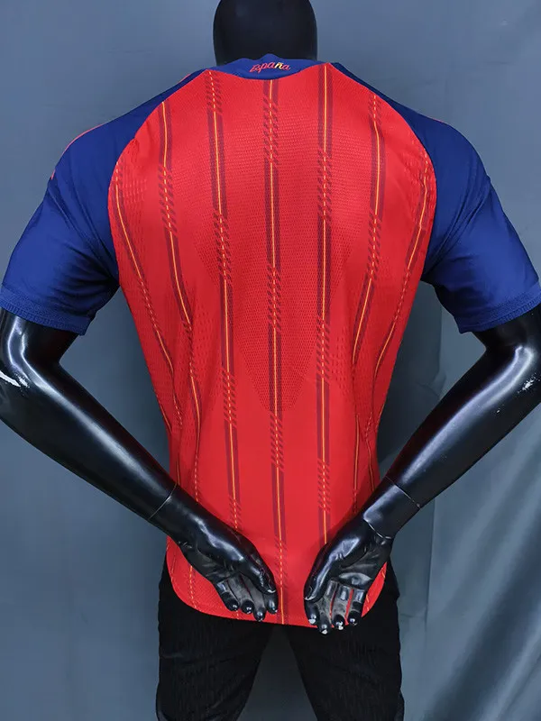 Back view of a red athletic jersey with blue sleeves on a mannequin, featuring vertical gold pinstripes.
