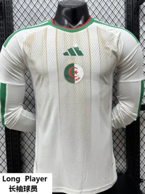 White Algeria national team long-sleeve jersey with green trim, gold pinstripes, Adidas logo, and Algeria crest.