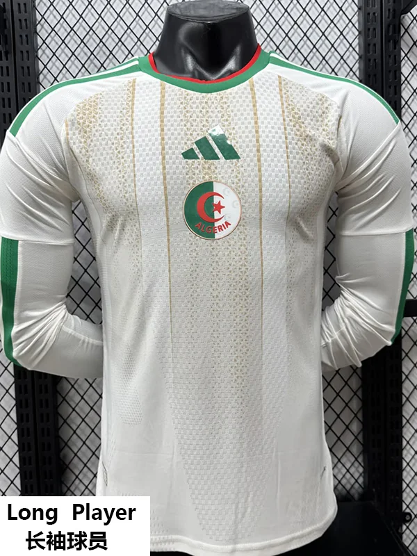 Algeria 2026/27 Home Long Sleeve Jersey Player Version - Front View White Algeria national team long-sleeve jersey with green trim, gold pinstripes, Adidas logo, and Algeria crest.