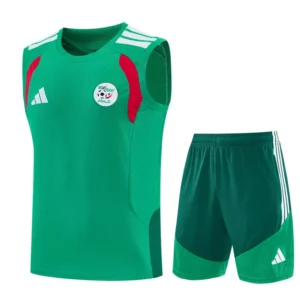 Algeria 2026/27 Sleeveless Shorts - Front View Green sleeveless sports jersey with matching green shorts; features white Adidas stripes and a small team crest on the chest for a training kit.