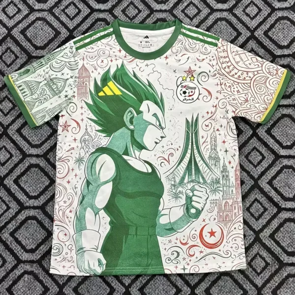 Algeria 2026/27 Special Edition Training Shirt - Front View Green-haired, muscular anime hero giving a thumbs up on a white graphic T-shirt with green accents and doodle-style drawings of landmarks and stars around him.