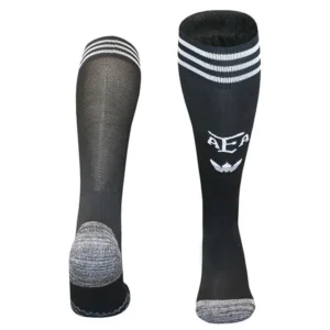 Pair of black athletic knee-high socks with white stripes at the cuff and gray reinforced toes and heels, shown from the side.