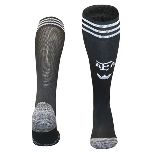 Argentina 2026/27 Away Socks - Front View - KFCool – Football Jerseys & Soccer Kits Store Pair of black athletic knee-high socks with white stripes at the cuff and gray reinforced toes and heels, shown from the side.