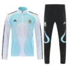 Argentina national team training tracksuit jacket and pants set in white and light blue with crest and stars, Adidas branding, and design stripes.