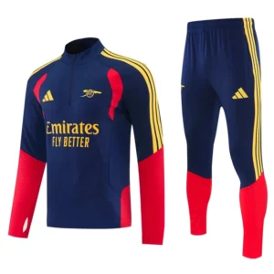 Navy blue training top with red panels, yellow Adidas stripes, and Emirates Fly Better sponsor; matching navy pants with yellow side stripes and red cuffs?