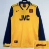Arsenal 1996/97 Retro Away Long Sleeve Jersey Fan Version - Front View Arsenal football jersey, yellow body with navy sleeves, featuring the JVC sponsor and club crest on the chest.