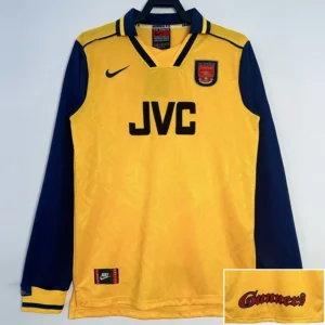 Arsenal 1996/97 Retro Away Long Sleeve Jersey Fan Version - Front View Arsenal football jersey, yellow body with navy sleeves, featuring the JVC sponsor and club crest on the chest.
