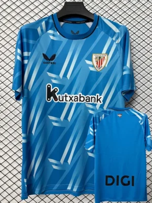 Blue patterned soccer jersey with Castore logo, Athletic Club Bilbao crest, and Kutxabank sponsor; back view shows 'DIGI' text on shorts.