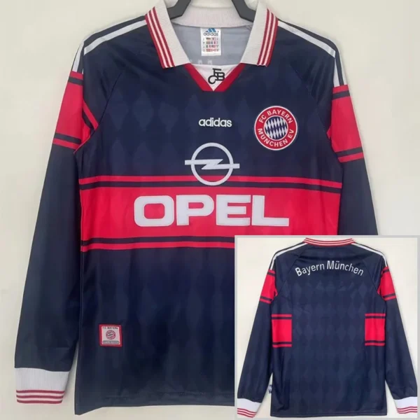 Bayern Munich 1997/99 Retro Home Long Sleeve Jersey Fan Version - Front View Front of a navy Bayern Munich football jersey with red panels, Opel sponsor, Adidas logo, and team crest on the chest.