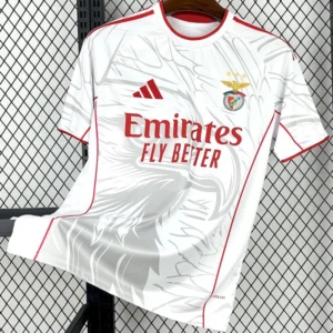 Benfica 2025/26 White Grey Special Edition Training Shirt - Front View White Benfica football jersey with red trim and sponsor text 'Emirates Fly Better' hanging on a display rack.