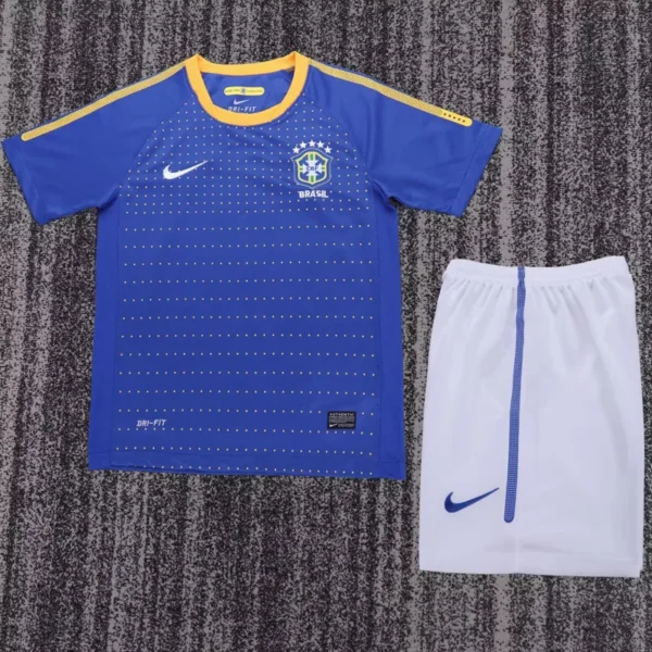 Brazil 2010/11 Retro Away Kids Kit Fan Version - Front View - KFCool – Football Jerseys & Soccer Kits Store Blue Brazil football jersey with yellow trim and dotted design, paired with white shorts featuring a blue Nike swoosh.