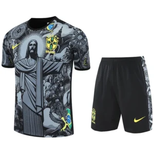 Brazil 2025/26 Grey Training Short Suit - Front View Brazil national team soccer jersey with abstract artwork and crest paired with black shorts featuring Brazil crest and yellow Nike swoosh
