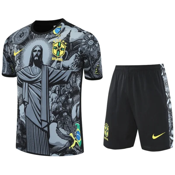 Brazil 2025/26 Grey Training Short Suit - Front View Brazil national team soccer jersey with abstract artwork and crest paired with black shorts featuring Brazil crest and yellow Nike swoosh