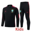 Brazil 2026/27 Black Kids Half Pull Tracksuit - Front View - KFCool – Football Jerseys & Soccer Kits Store Kids' Brazil soccer tracksuit: black with pink accents, crest on chest and pants, Jordan logo, labeled 'Kids'