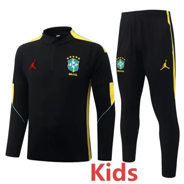 Brazil 2026/27 Black Yellow Kids Half Pull Tracksuit - Front View | KFCOOL